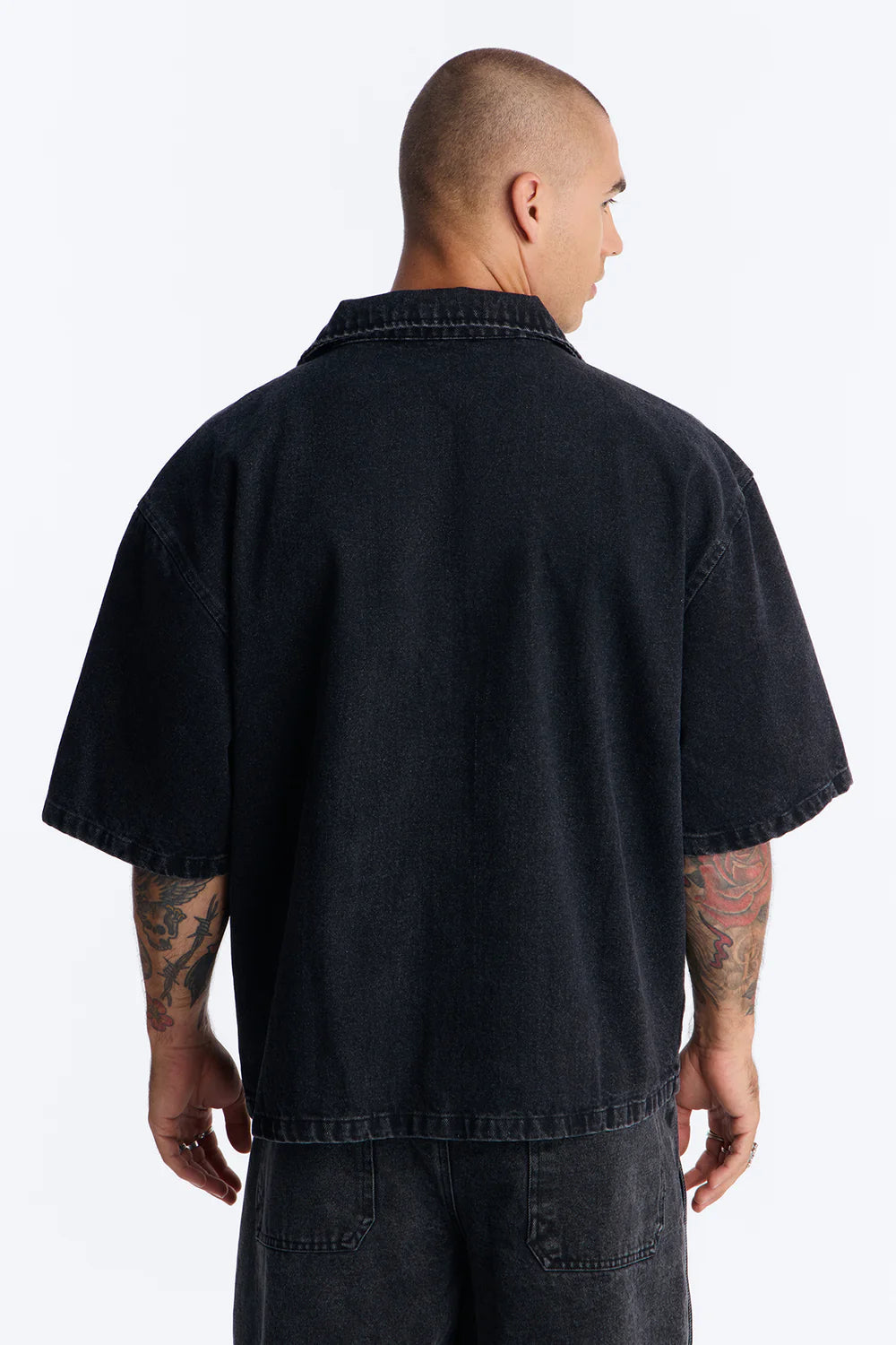 Fashion novaMEN-Boxy Utility Snap Panel Button Up Shirt - Black Wash