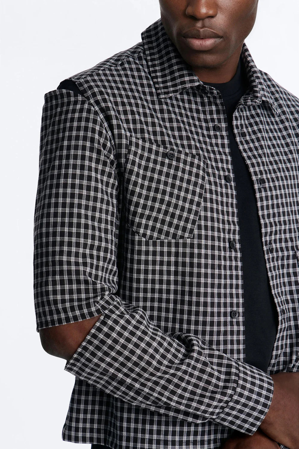 Fashion novaMEN-Railcut Plaid Button Up Shirt - Black