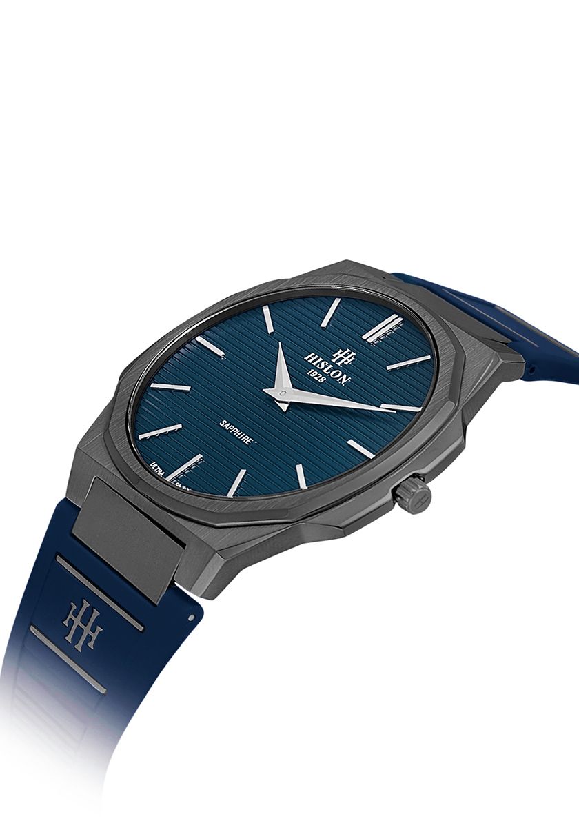 Hislon Gun-Grey Sapphire Watch – Blue Rubber Strap