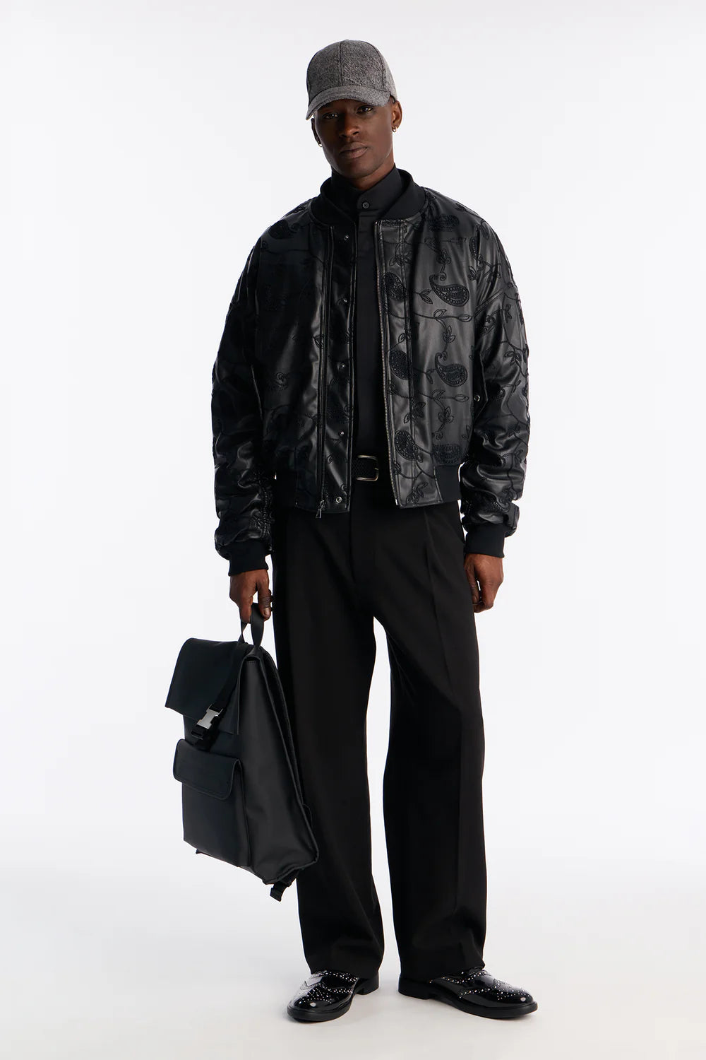 Fashion novaMEN-Oversized Faux Leather Paisley Embroidered Bomber Jacket - Black