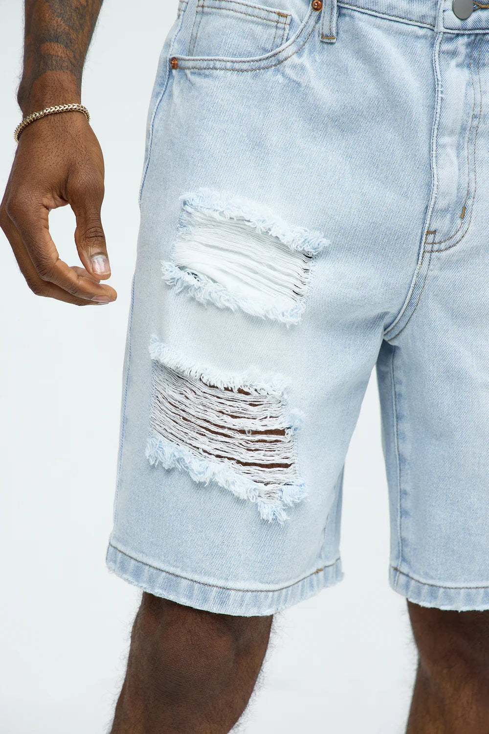 Fashion novaMEN-Distressed Relaxed Denim Shorts - Light Blue Wash