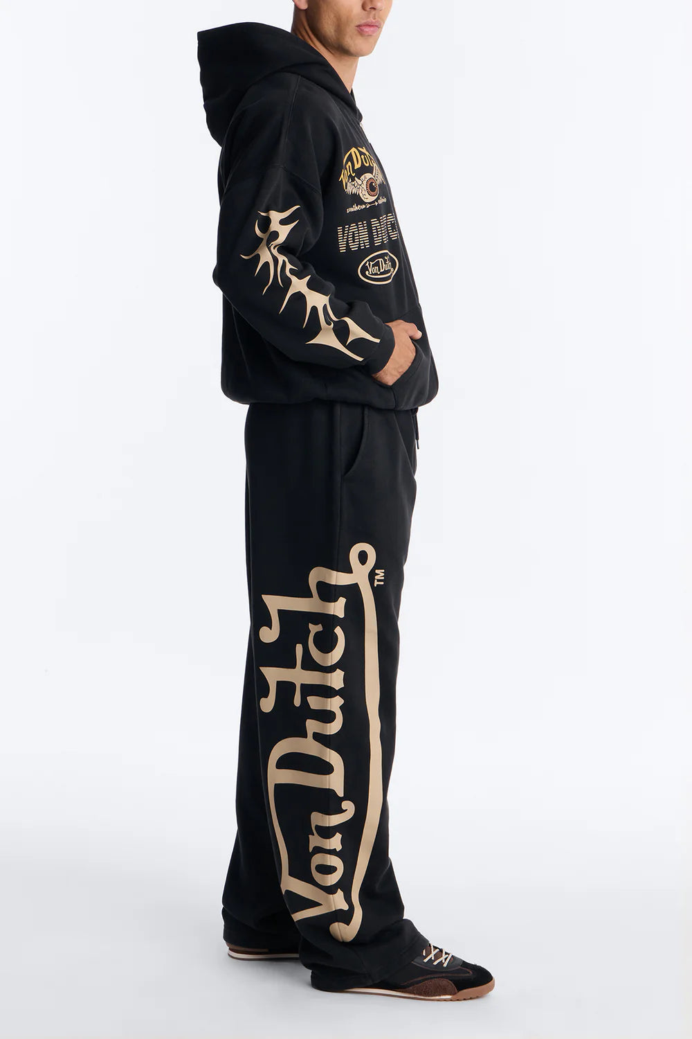 Fashion novaMEN-Von Dutch Embroidery Patches Wide Leg Sweatpant - Black Wash