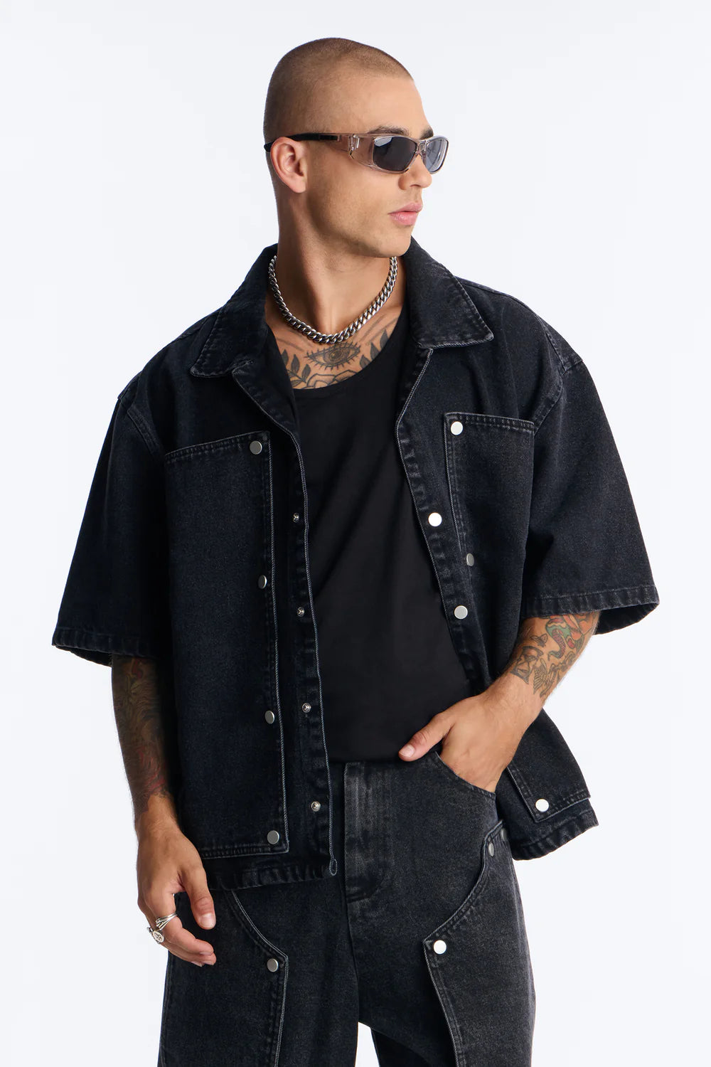 Fashion novaMEN-Boxy Utility Snap Panel Button Up Shirt - Black Wash