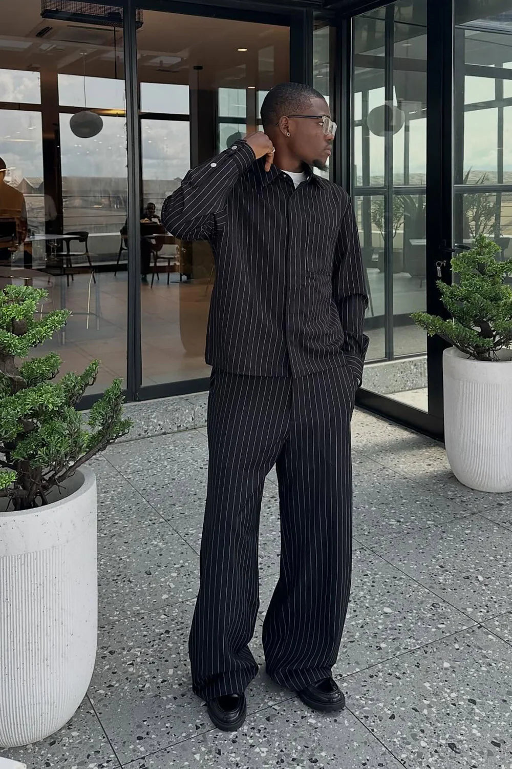 Fashion novaMEN-Wide Leg Straight Striped Trouser - Black