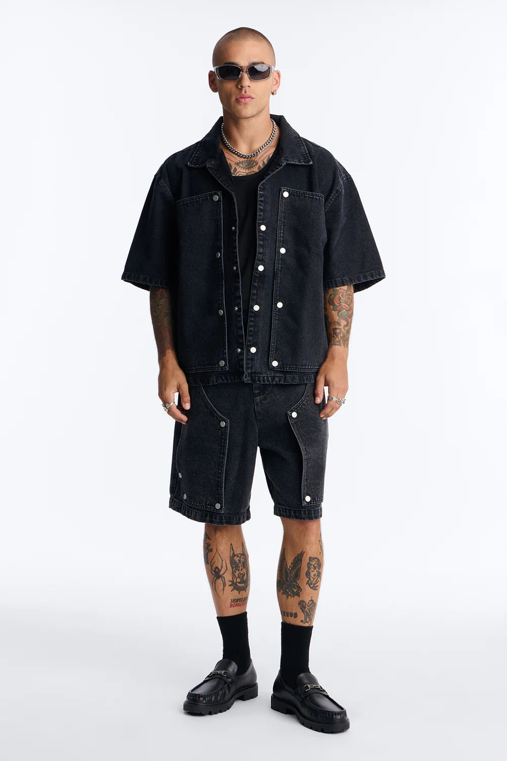Fashion novaMEN-Boxy Utility Snap Panel Button Up Shirt - Black Wash