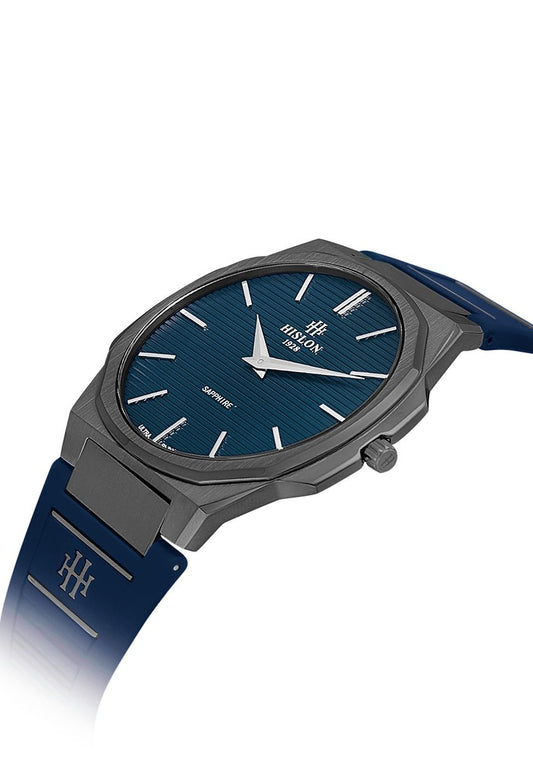 Hislon Gun-Grey Sapphire Watch – Blue Rubber Strap