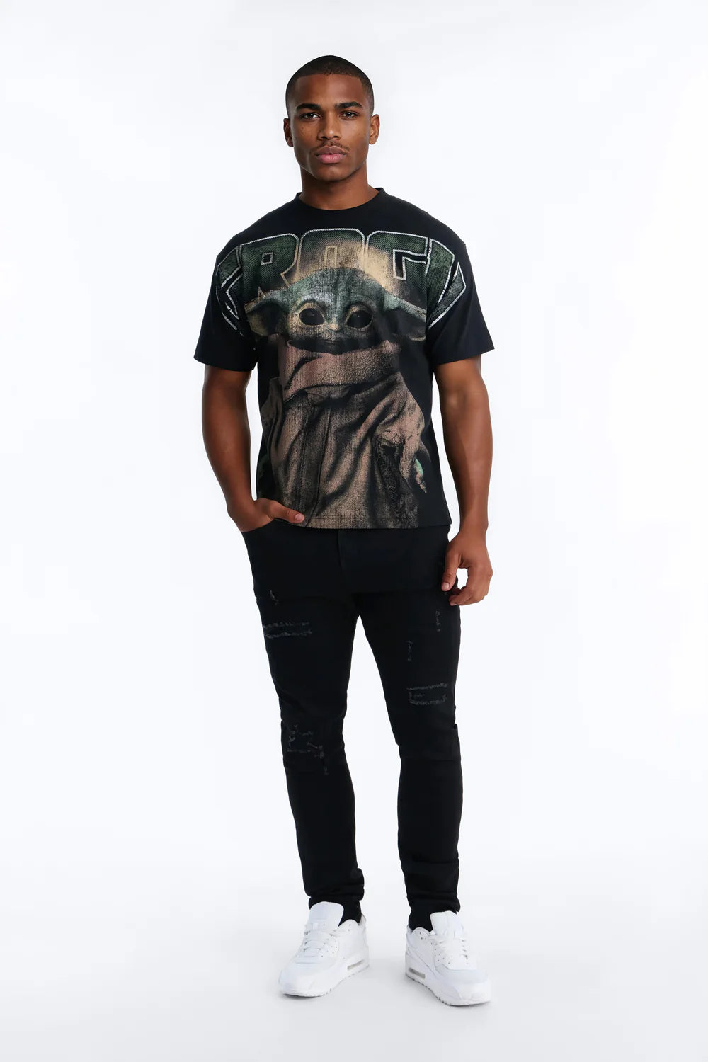 Fashion novaMEN-Star Wars Mandalorian Grogu Heavy Weight Boxy Short Sleeve Tee - Black