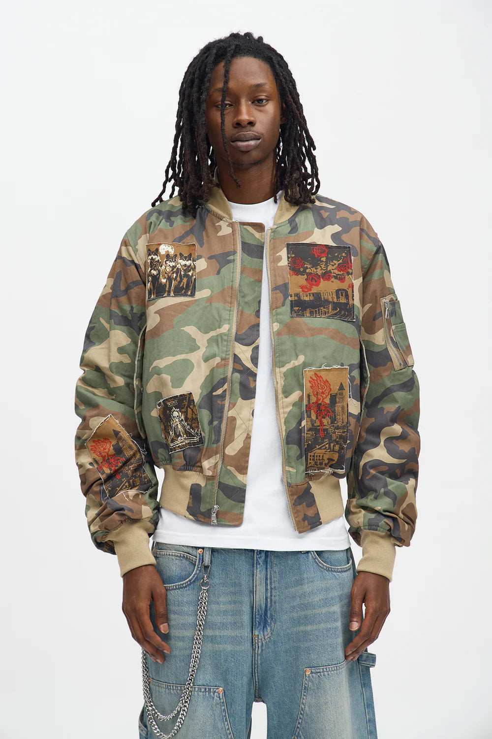 Fashion novaMEN- Oversized Padded Distressed Patched Bomber Jacket - Camouflage