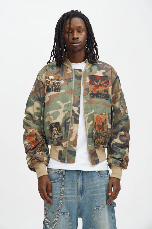 Fashion novaMEN- Oversized Padded Distressed Patched Bomber Jacket - Camouflage