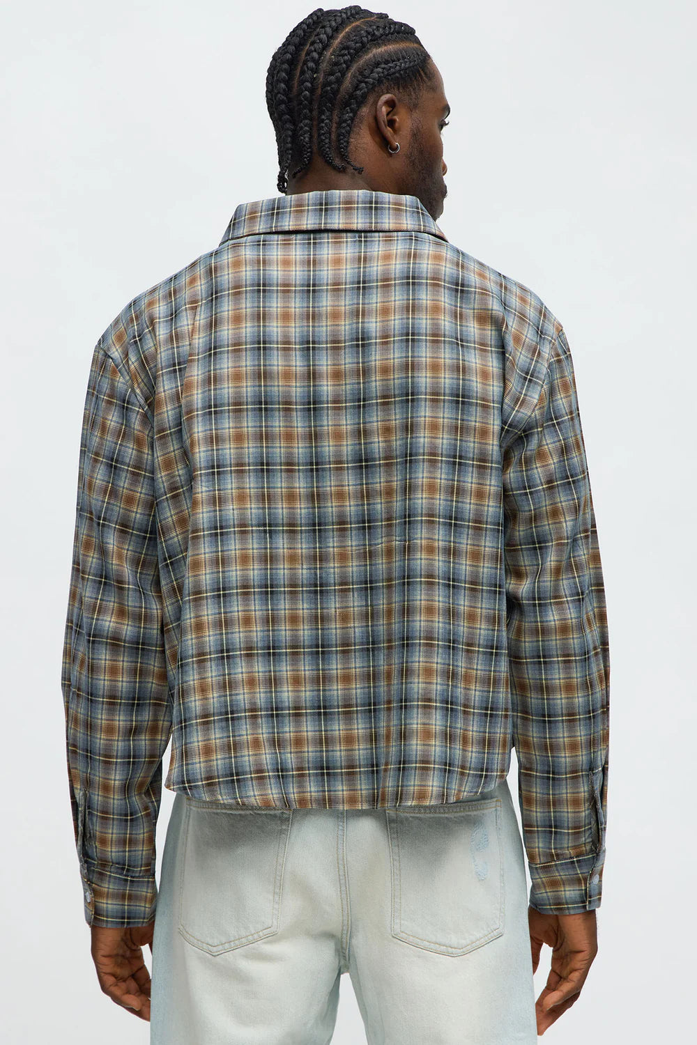 Fashion novaMEN-Cropped Starlit Rhinestone Plaid Flannel - Blue/combo