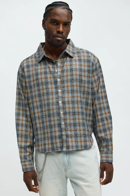 Fashion novaMEN-Cropped Starlit Rhinestone Plaid Flannel - Blue/combo