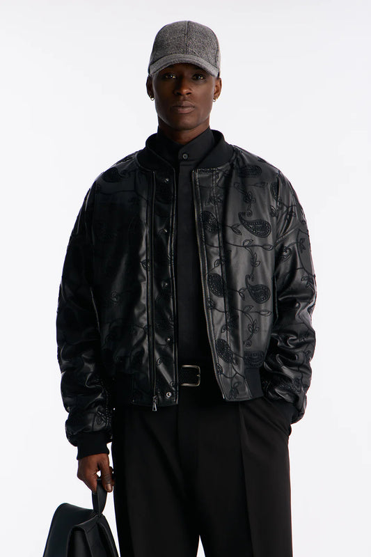 Fashion novaMEN-Oversized Faux Leather Paisley Embroidered Bomber Jacket - Black