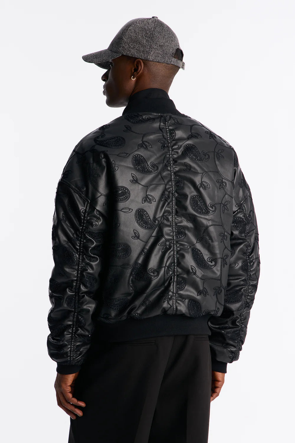 Fashion novaMEN-Oversized Faux Leather Paisley Embroidered Bomber Jacket - Black