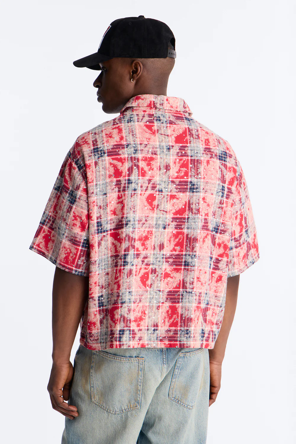 Fashion novaMEN- Rhinestone Rain Short Sleeve Plaid Flannel - Red