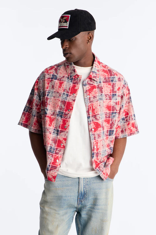 Fashion novaMEN- Rhinestone Rain Short Sleeve Plaid Flannel - Red