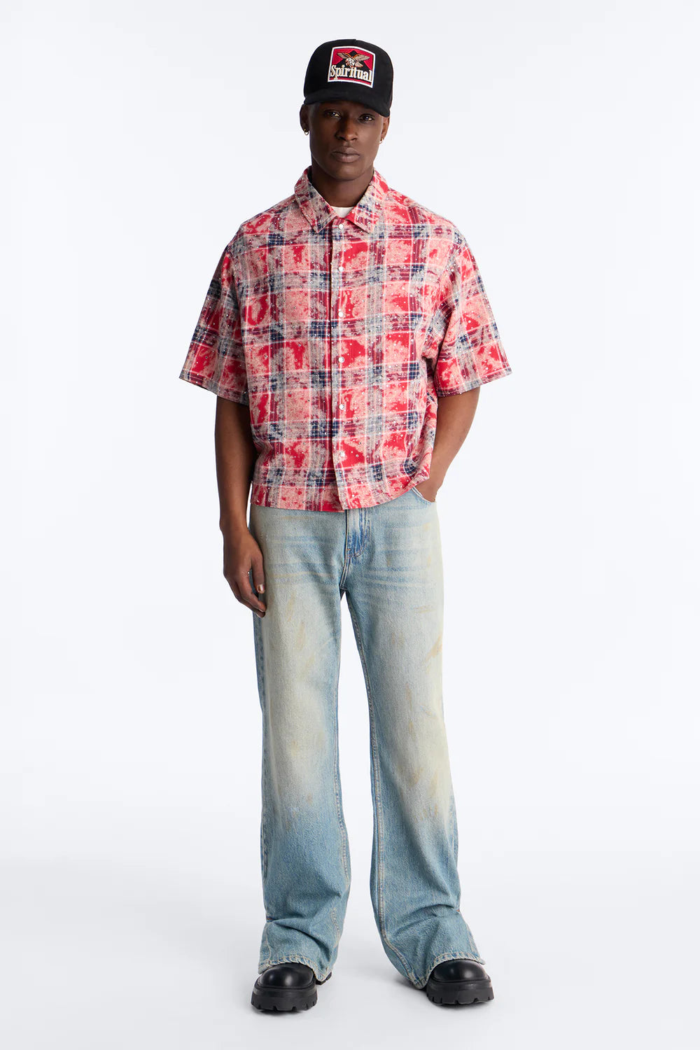 Fashion novaMEN- Rhinestone Rain Short Sleeve Plaid Flannel - Red