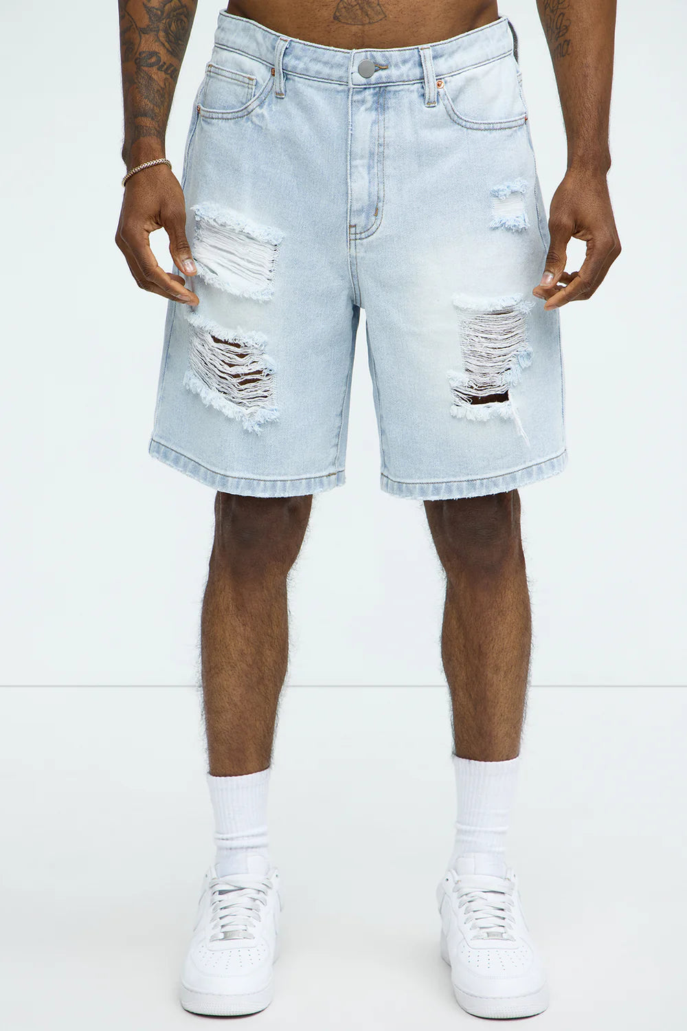 Fashion novaMEN-Distressed Relaxed Denim Shorts - Light Blue Wash