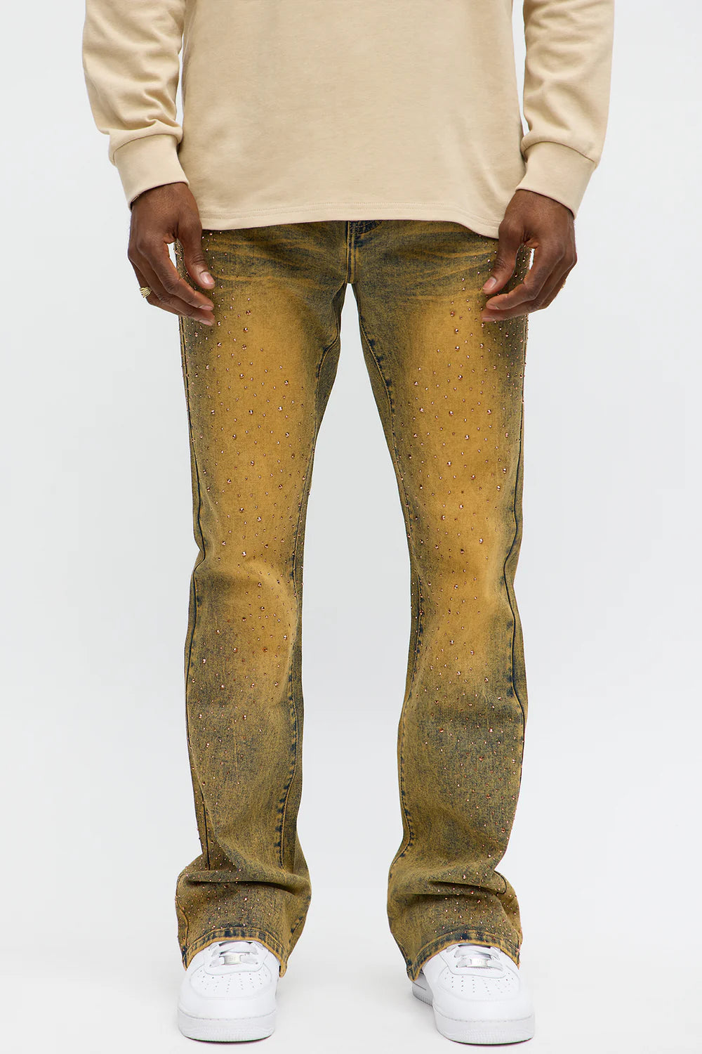 Fashion novaMEN-Stacked Skinny Flare Jeweled Jeans - Vintage Wash