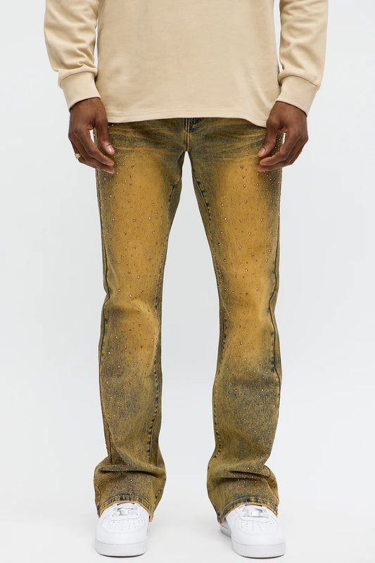 Fashion novaMEN-Stacked Skinny Flare Jeweled Jeans - Vintage Wash