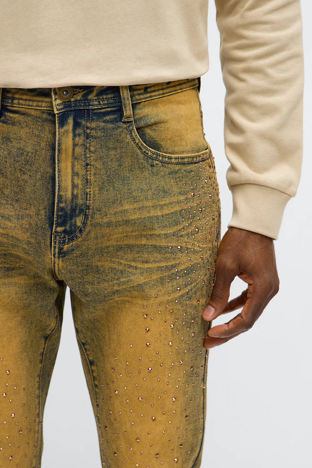 Fashion novaMEN-Stacked Skinny Flare Jeweled Jeans - Vintage Wash