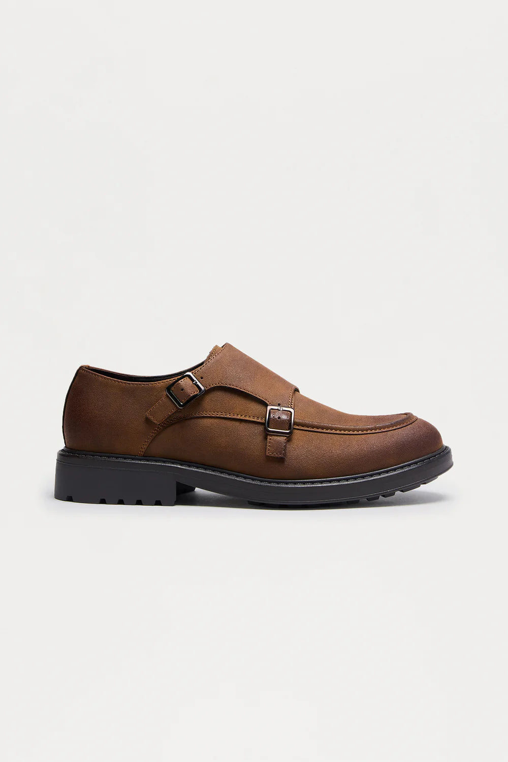Fashion novaMEN-Classic Cut Washed Faux Suede Monk Shoe - Brown