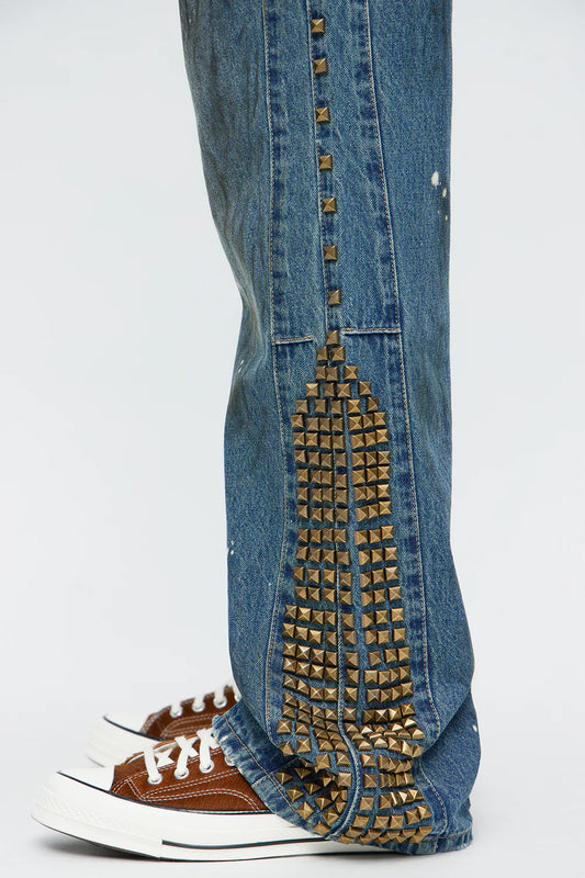 Fashion novaMEN-Flare Distressed Studded Jeans