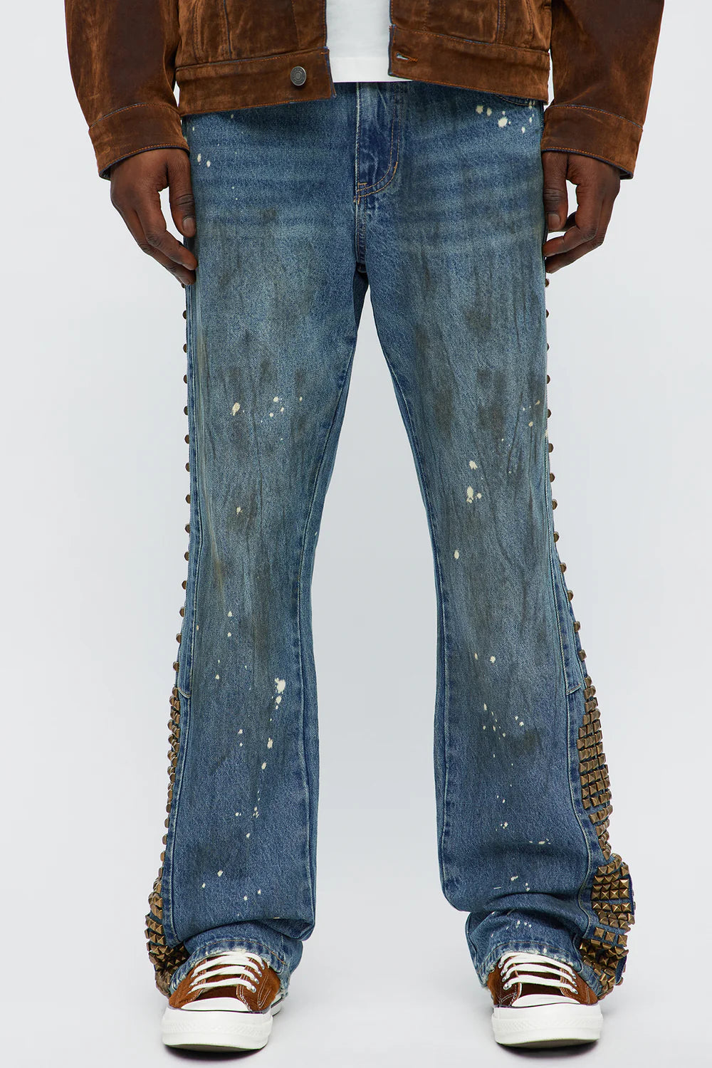Fashion novaMEN-Flare Distressed Studded Jeans