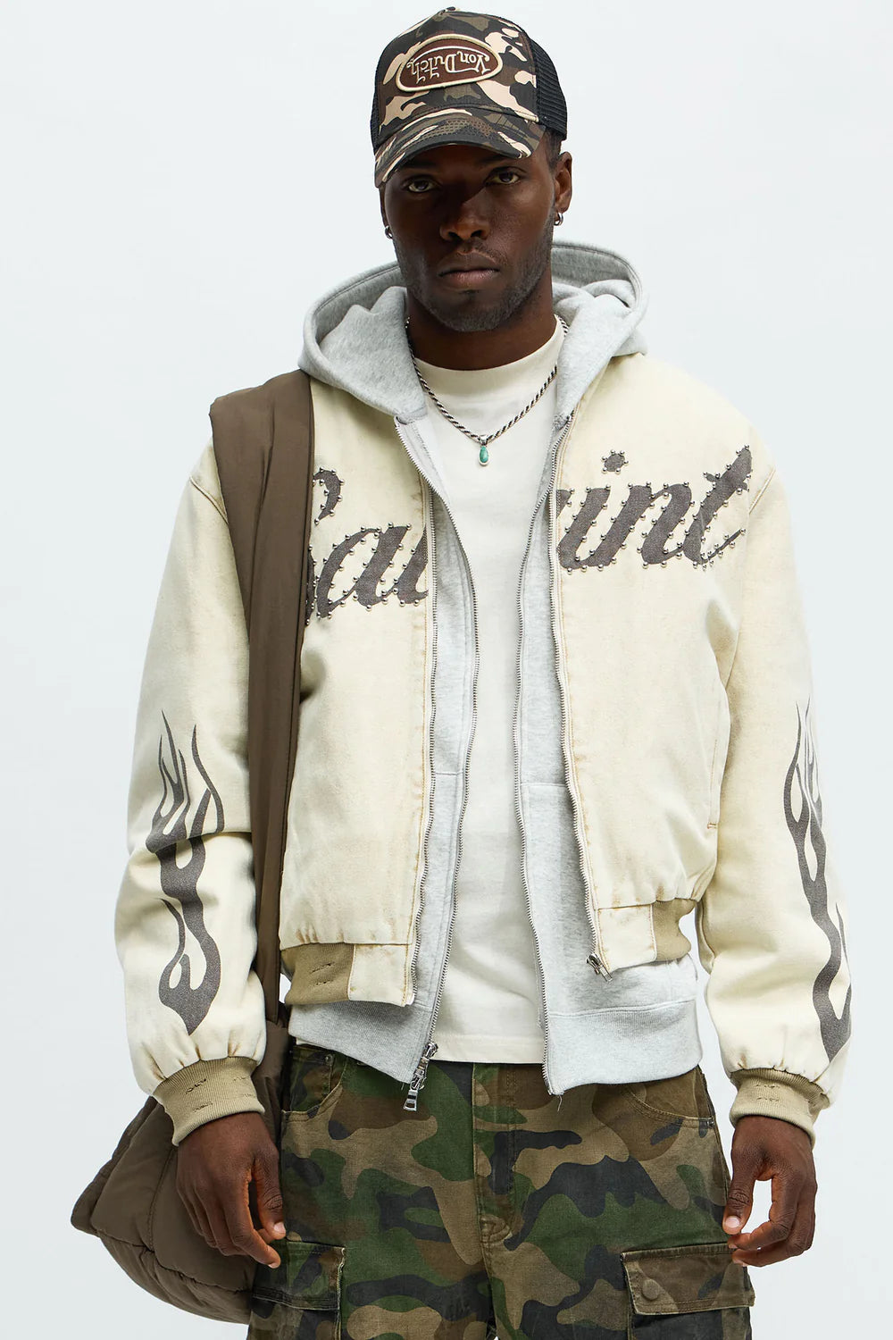 Fashion novaMEN-Oversized Studded Saint Utility Bomber Jacket - Stone/Combo