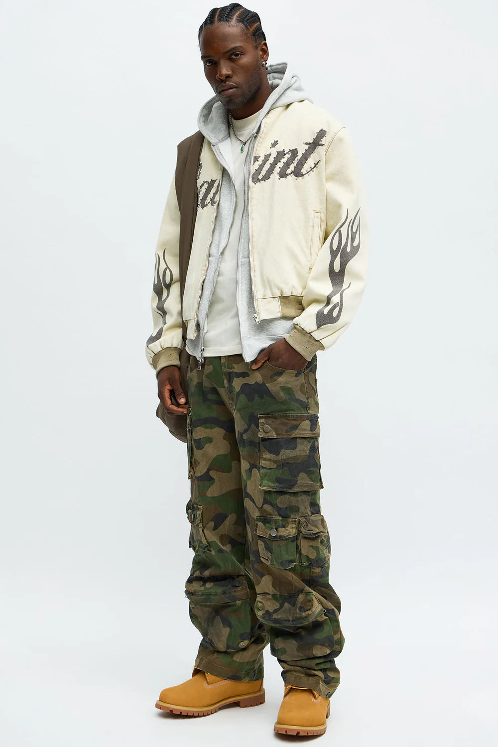 Fashion novaMEN-Oversized Studded Saint Utility Bomber Jacket - Stone/Combo