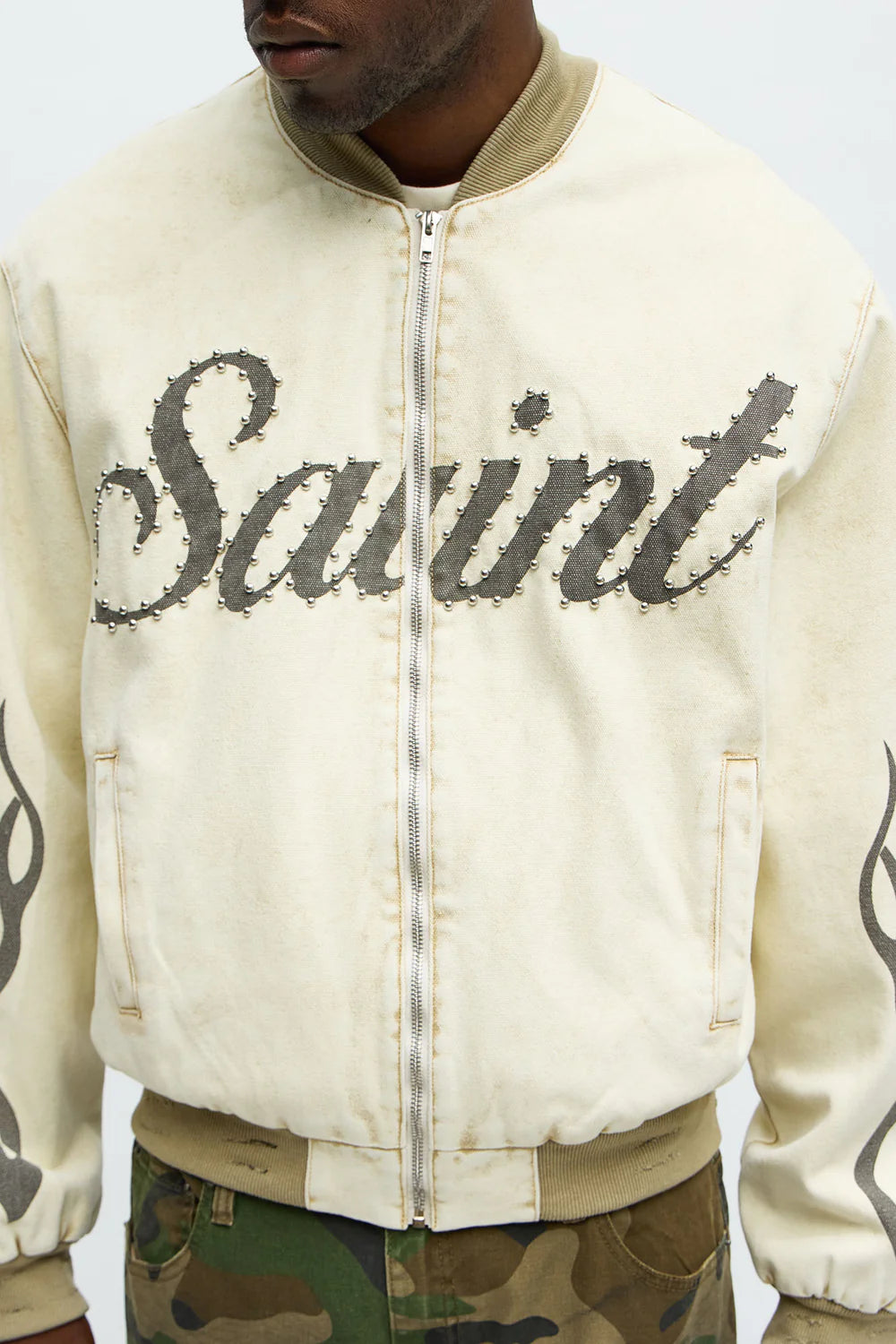 Fashion novaMEN-Oversized Studded Saint Utility Bomber Jacket - Stone/Combo
