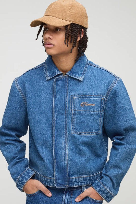 BoohooMAN-Placket Embroidered Denim Jacket