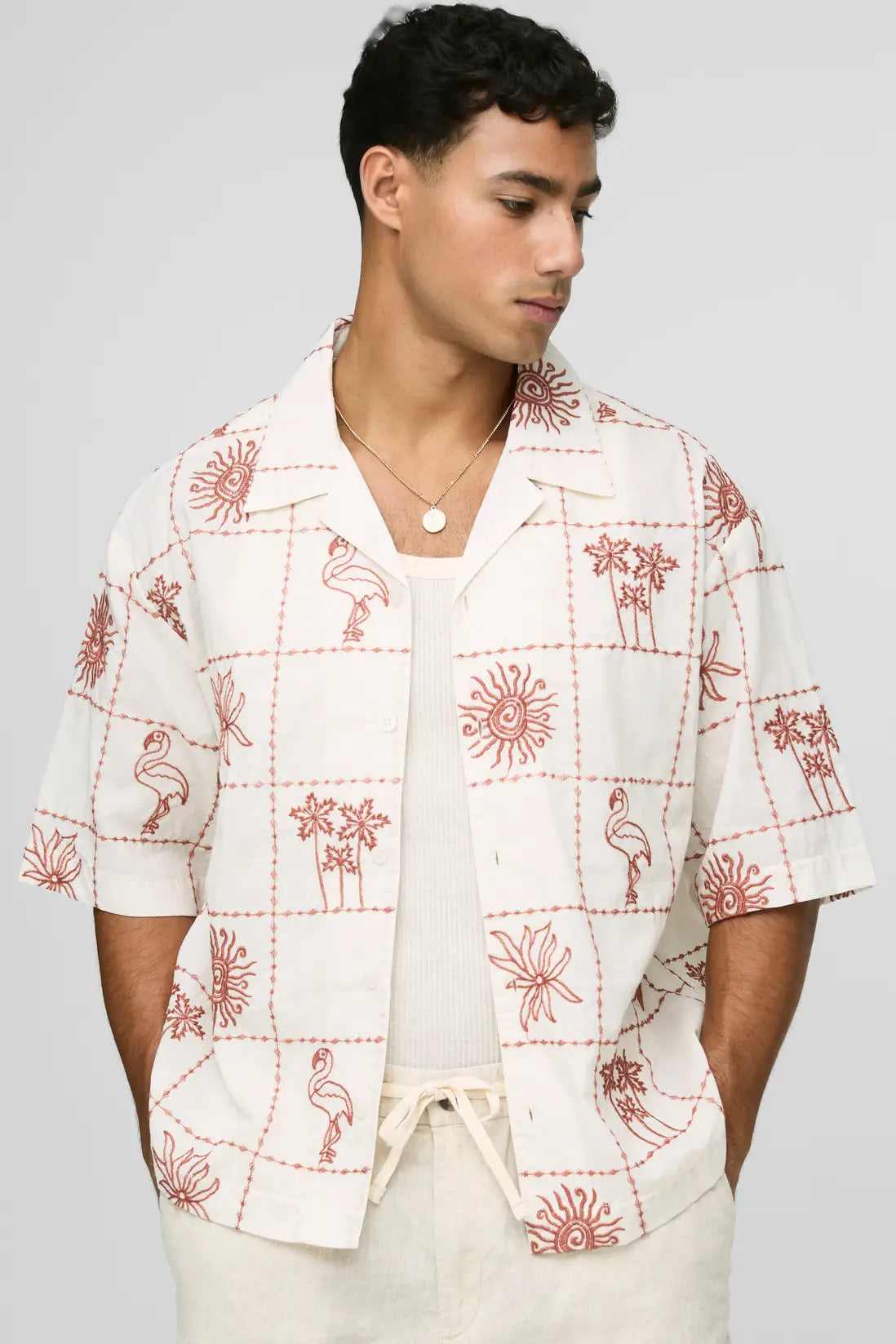 boohooMAN-Oversized Half Sleeve Conversational Embroidered Shirt