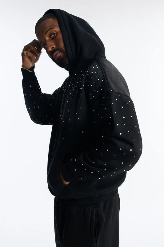 Fashion novaMEN-Rhinestones Oversized Hoodie - Black