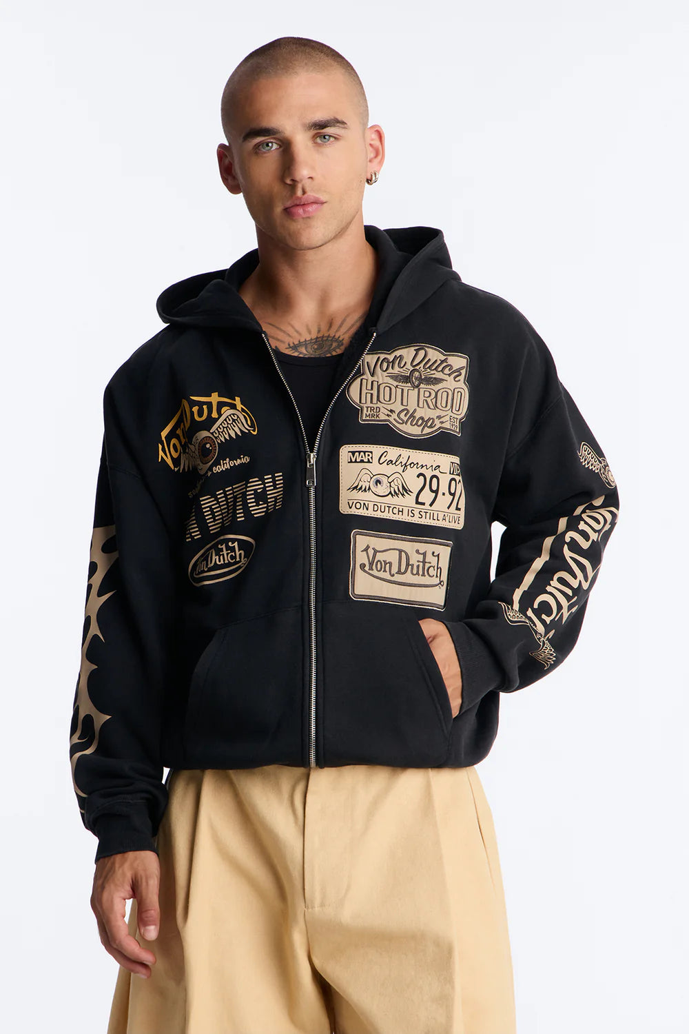 Fashion novaMEN-Von Dutch Embroidery Patches Oversized Zip Hoodie - Black Wash