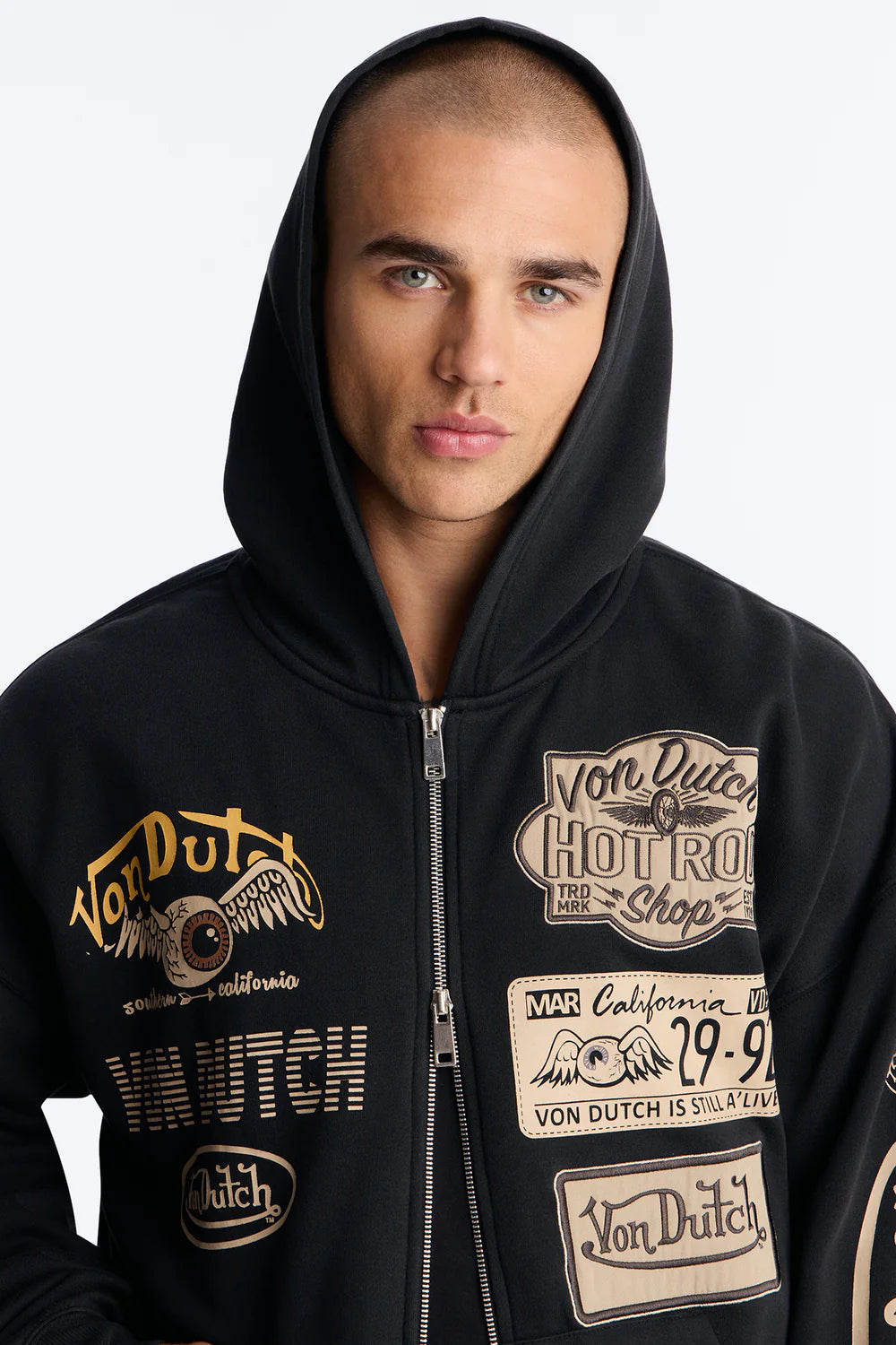 Fashion novaMEN-Von Dutch Embroidery Patches Oversized Zip Hoodie - Black Wash