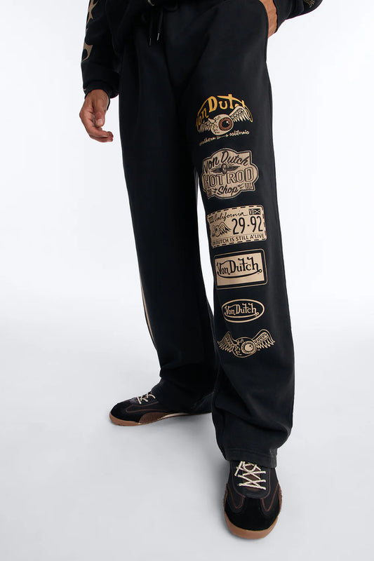 Fashion novaMEN-Von Dutch Embroidery Patches Wide Leg Sweatpant - Black Wash