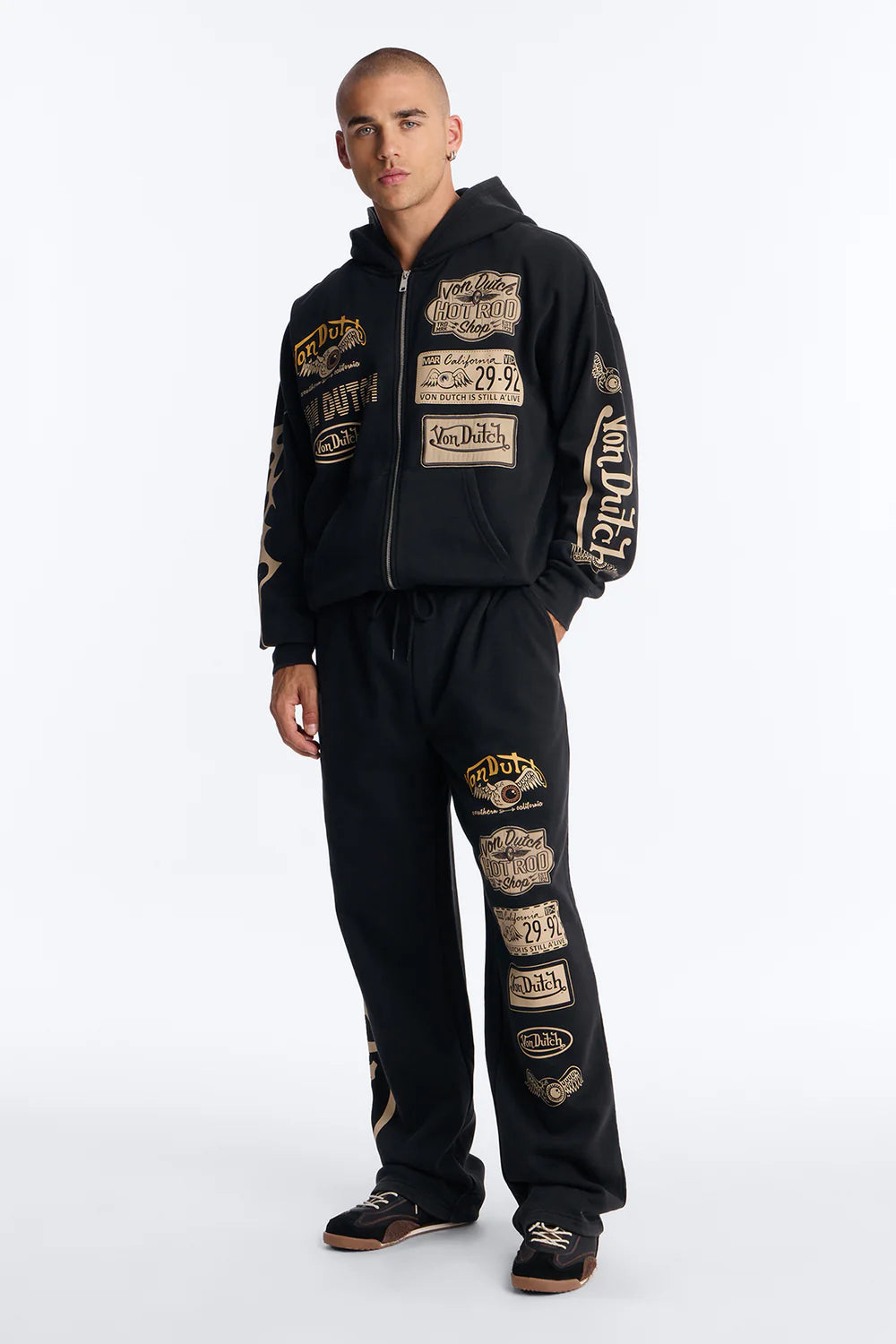 Fashion novaMEN-Von Dutch Embroidery Patches Wide Leg Sweatpant - Black Wash
